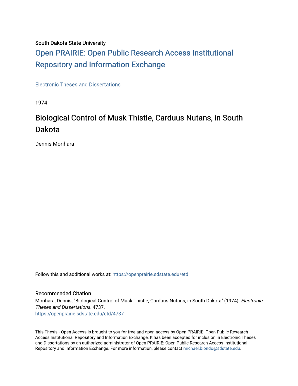 Biological Control of Musk Thistle, Carduus Nutans, in South Dakota