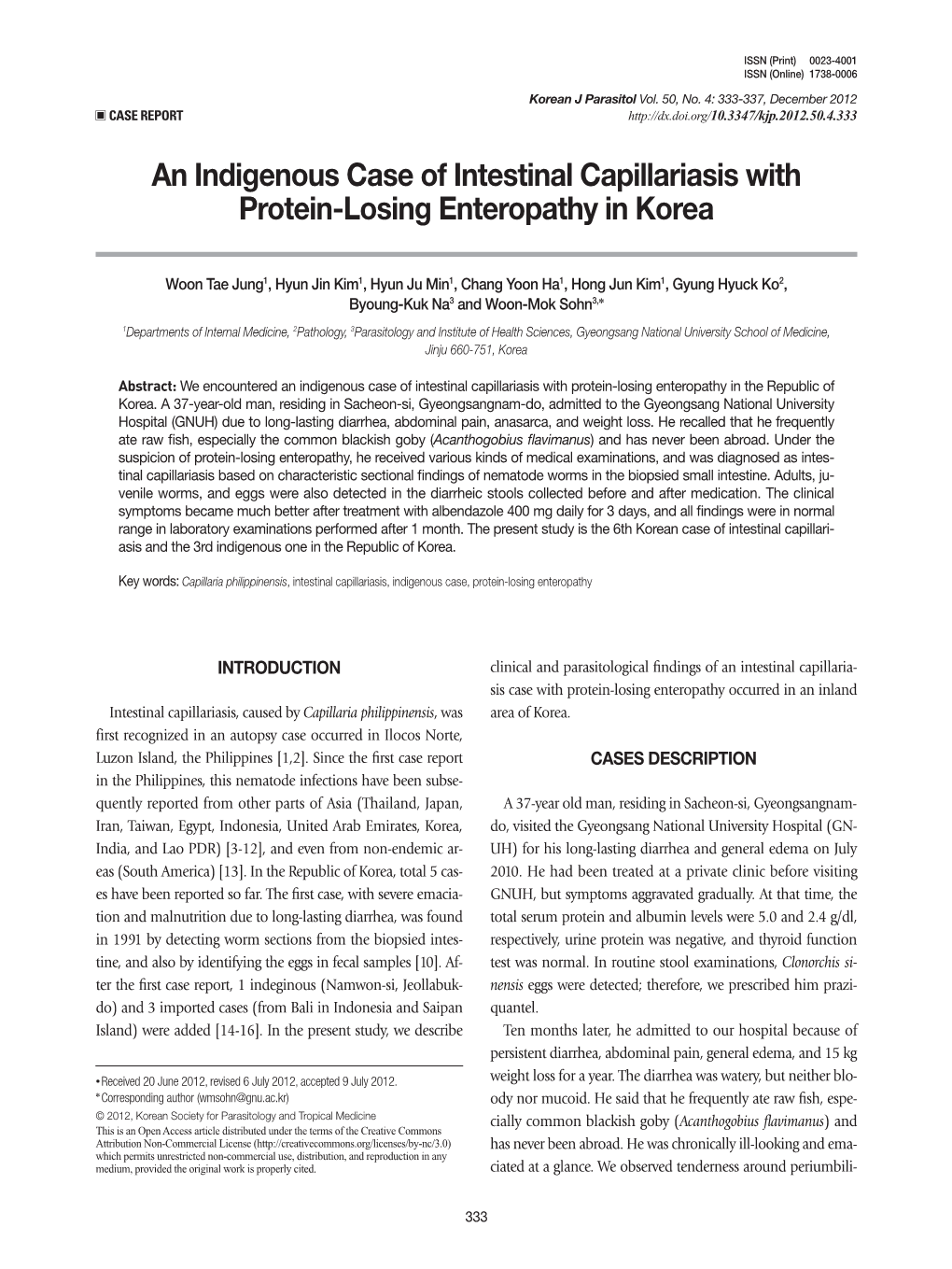 An Indigenous Case of Intestinal Capillariasis with Protein-Losing Enteropathy in Korea