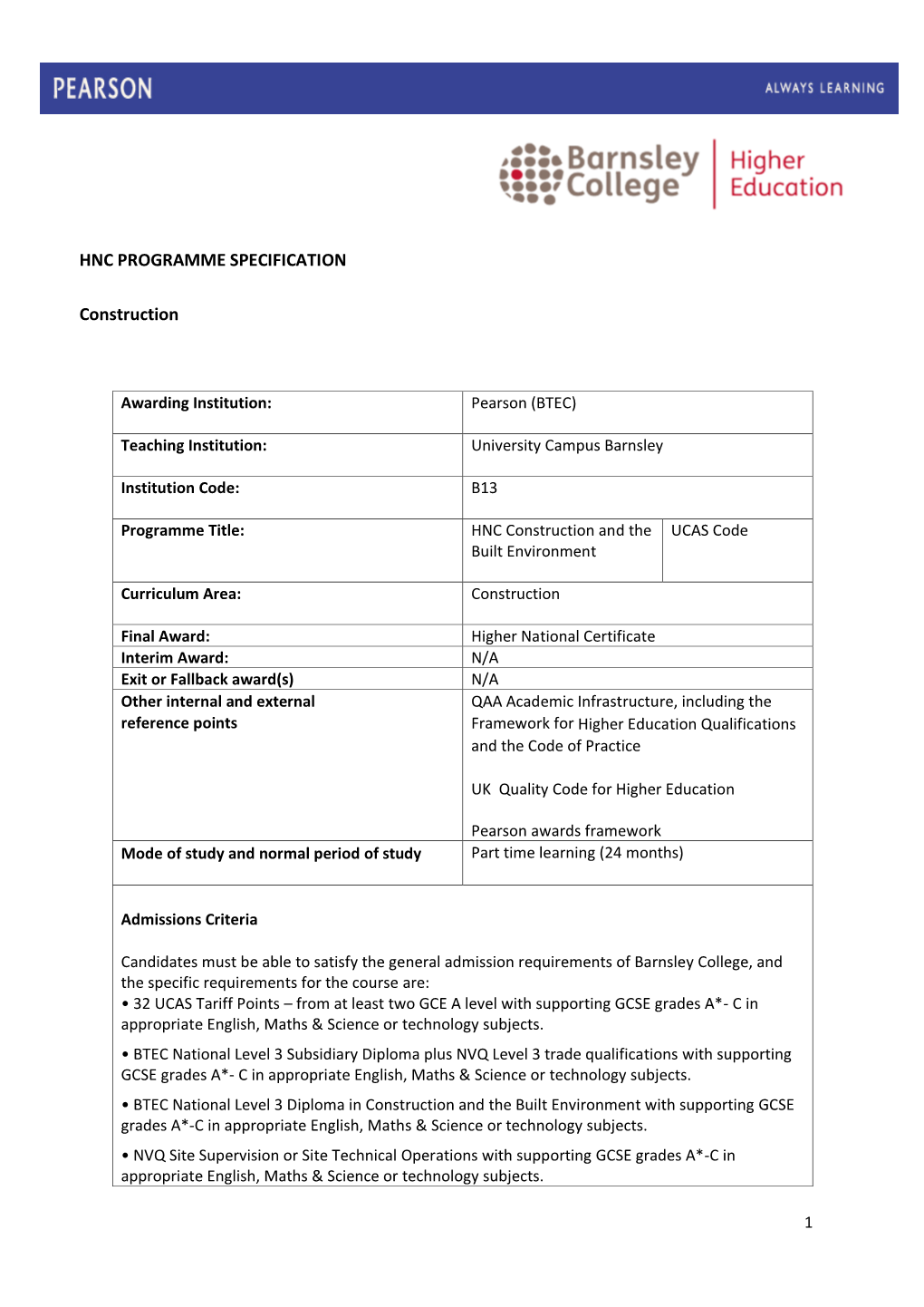 Programme Specification Construction and the Built Environment