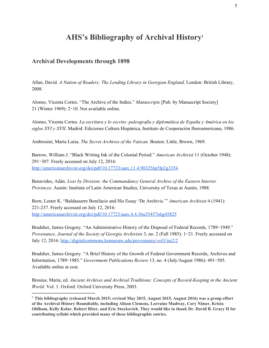 AHS's Bibliography of Archival History 1