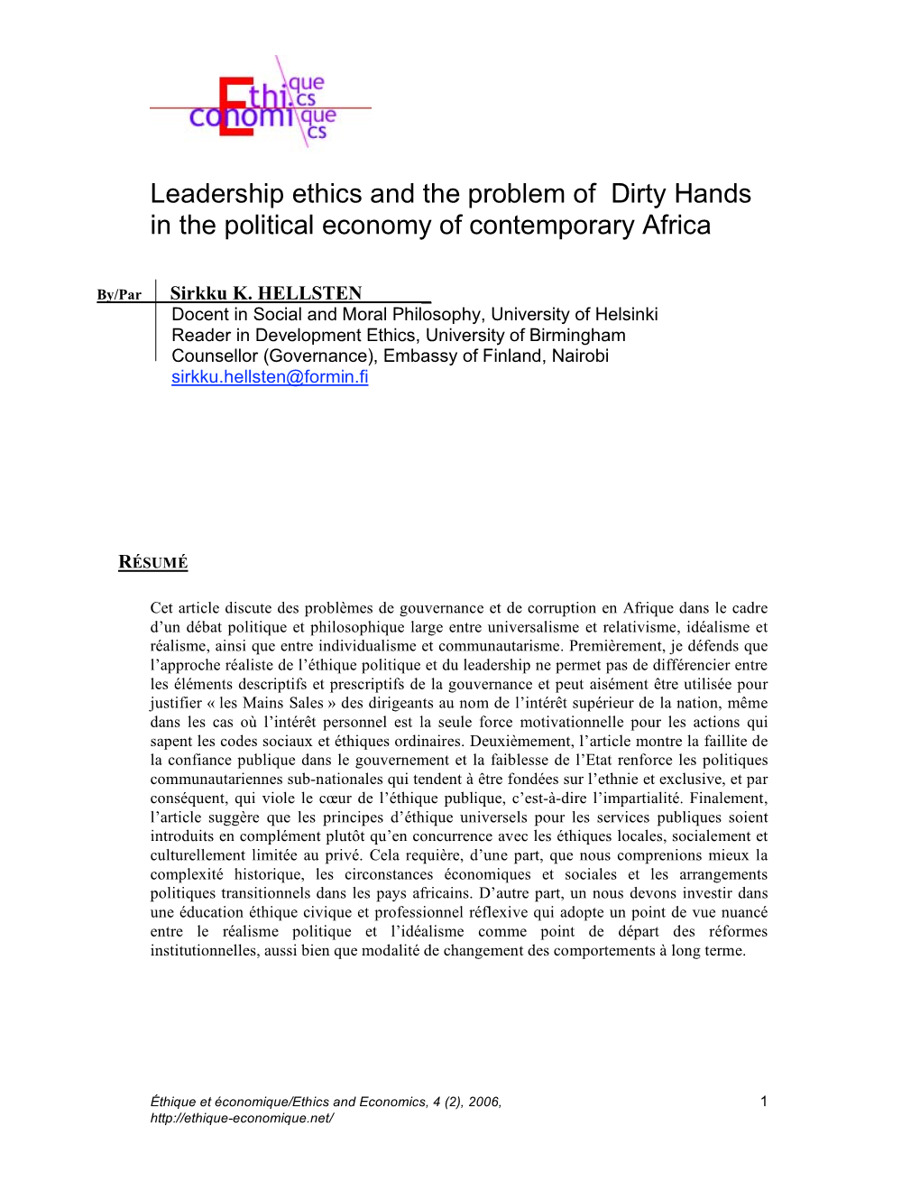 Leadership Ethics and the Problem of Dirty Hands in the Political Economy of Contemporary Africa