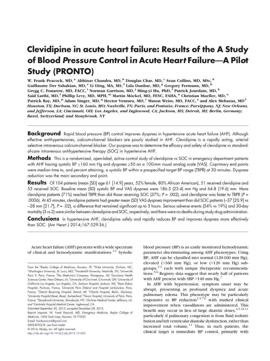 Clevidipine in Acute Heart Failure: Results of the a Study of Blood Pressurecontrol in Acute Heart Failure—A Pilot Study (PRONTO) W