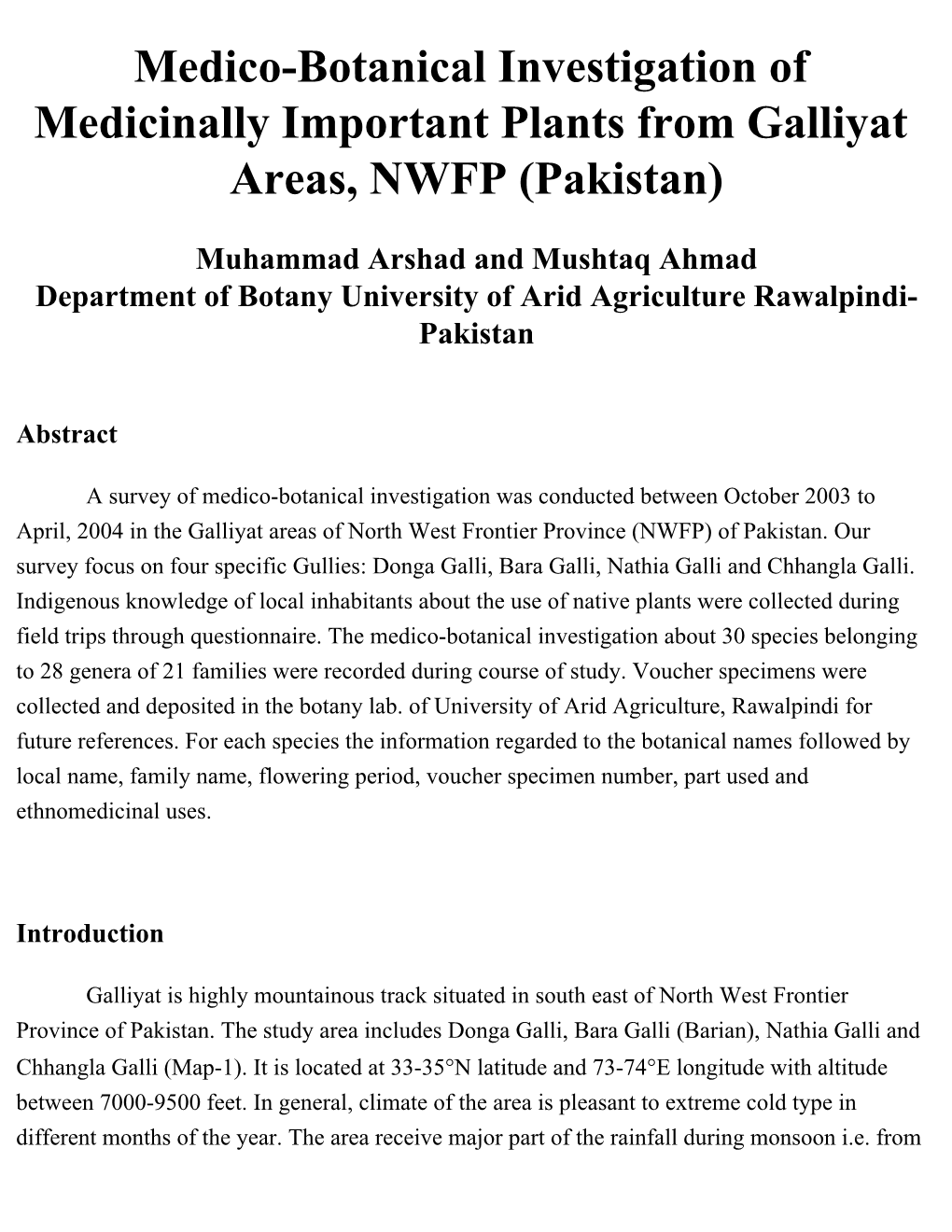 Medico-Botanical Investigation of Medicinally Important Plants from Galliyat Areas, NWFP (Pakistan)