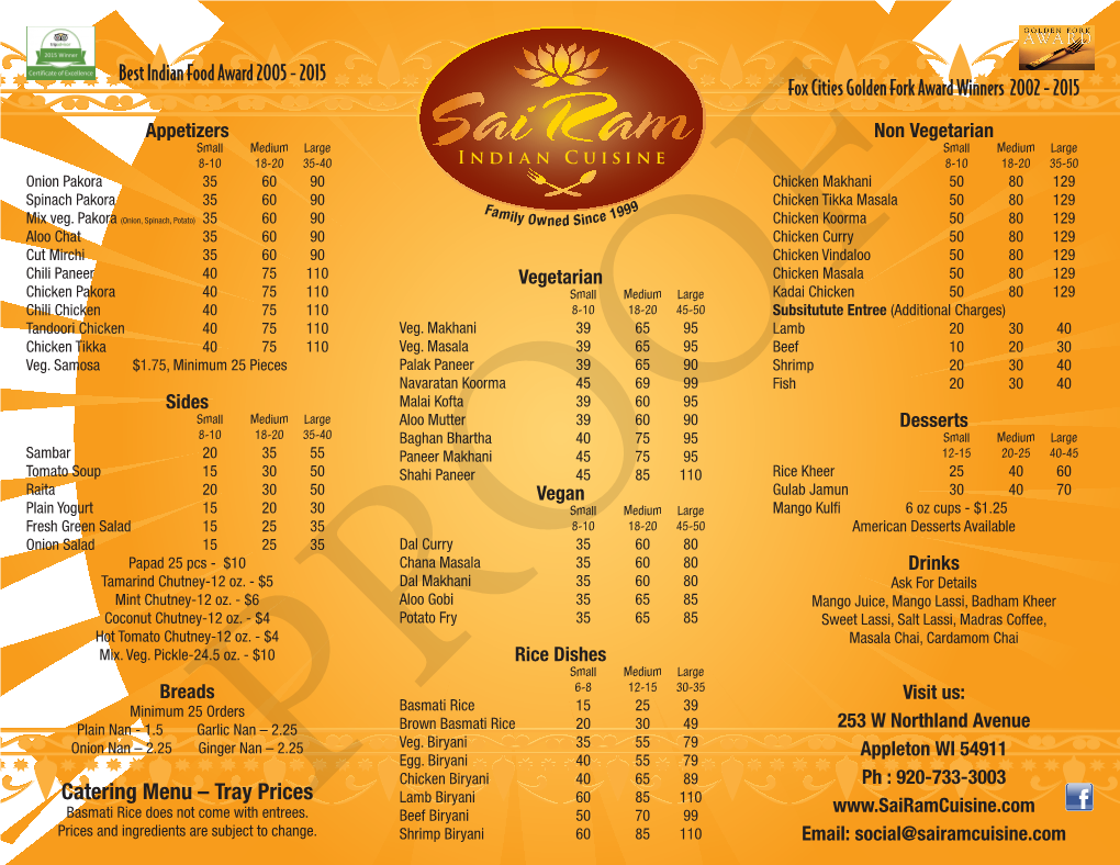 Catering Menu – Tray Prices Lamb Biryani 60 85 110 Basmati Rice Does Not Come with Entrees