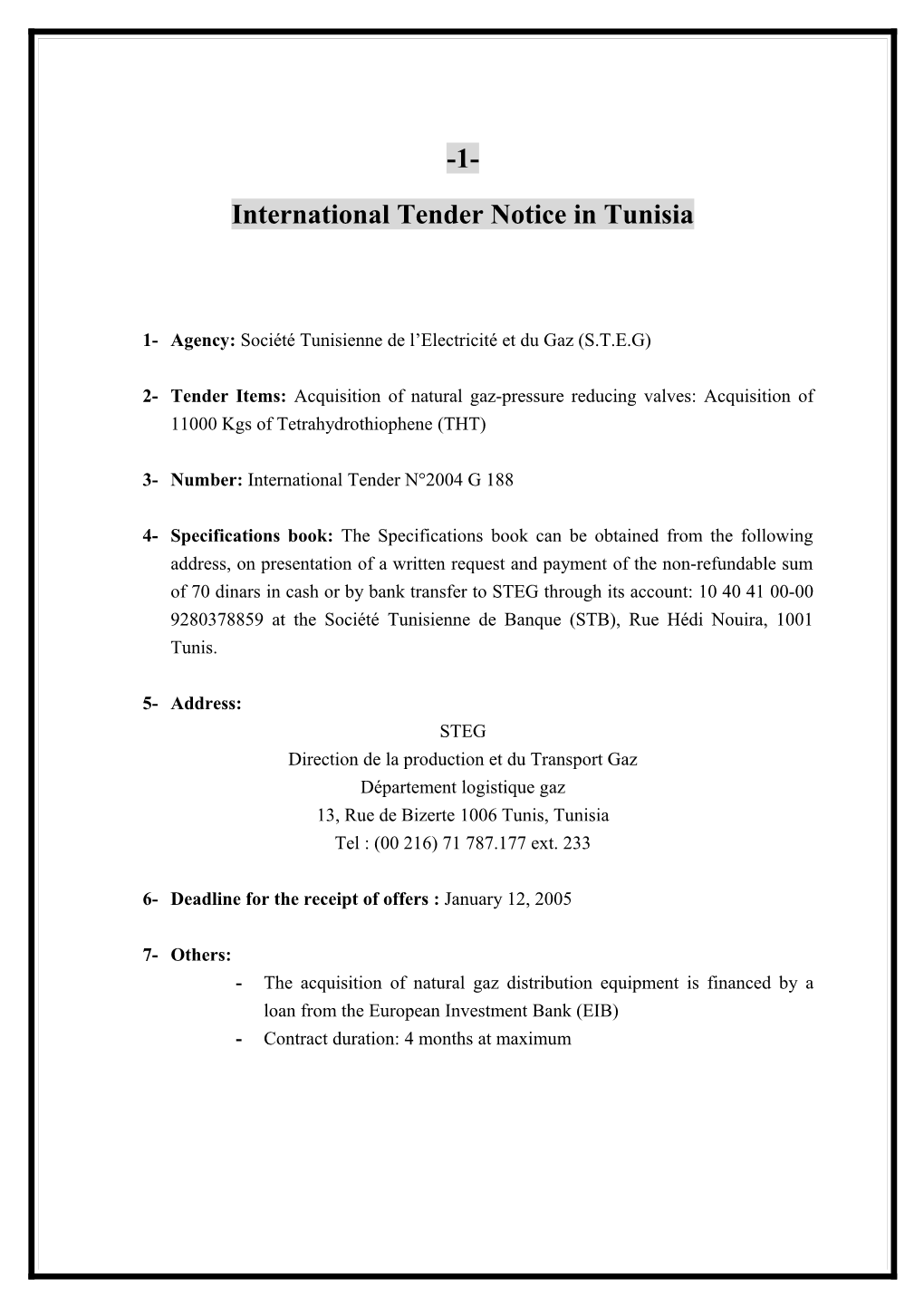 International Tender Notice in Tunisia