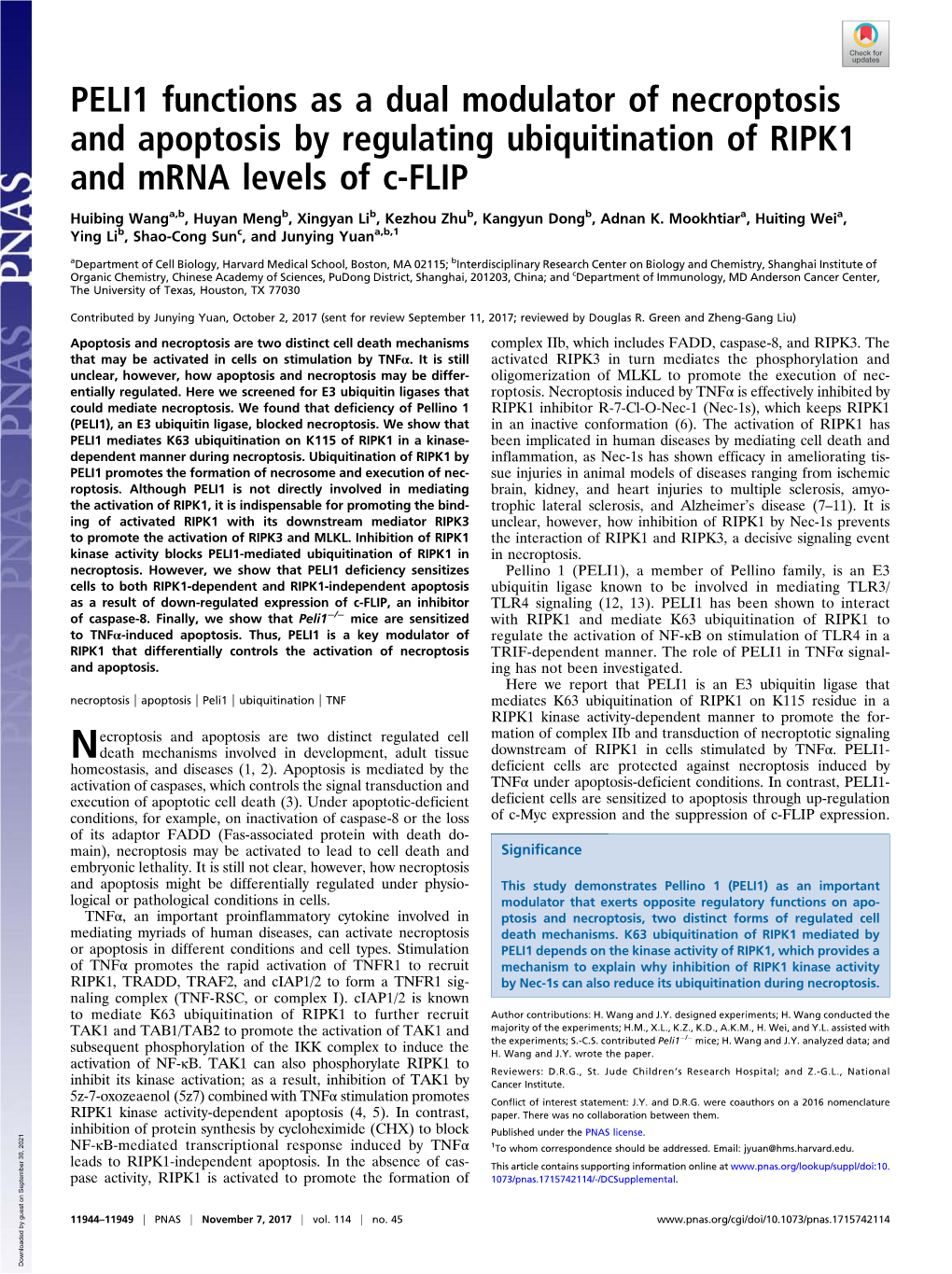 PELI1 Functions As a Dual Modulator of Necroptosis and Apoptosis by Regulating Ubiquitination of RIPK1 and Mrna Levels of C-FLIP