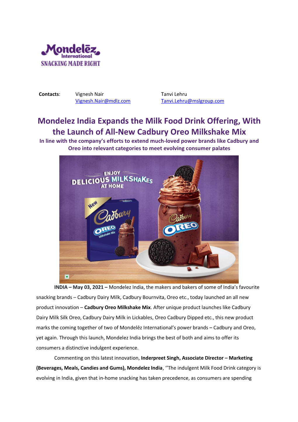 Mondelez India Expands the Milk Food Drink Offering, with The