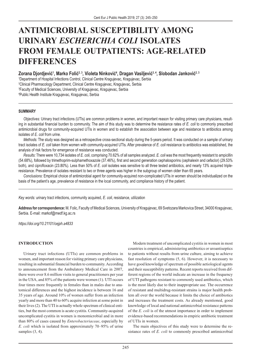 Antimicrobial Susceptibility Among Urinary Escherichia Coli Isolates from Female Outpatients: Age-Related Differences