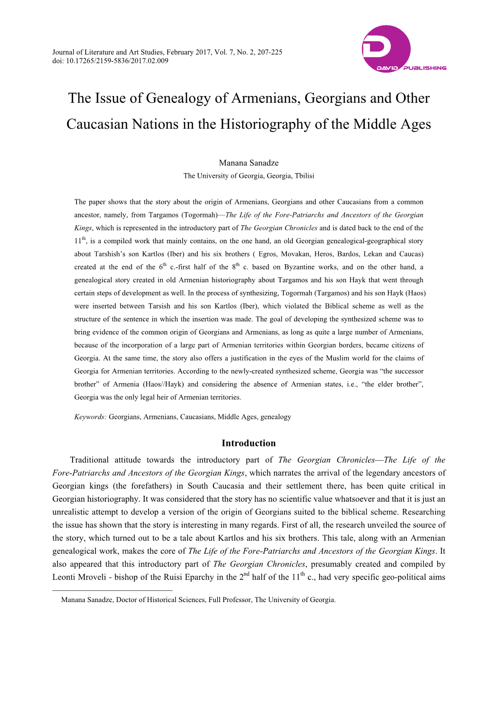 The Issue of Genealogy of Armenians, Georgians and Other Caucasian Nations in the Historiography of the Middle Ages