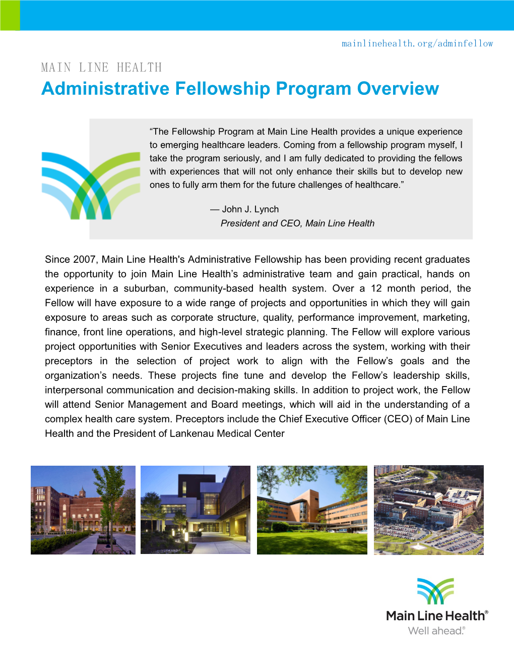 MAIN LINE HEALTH Administrative Fellowship Program Overview