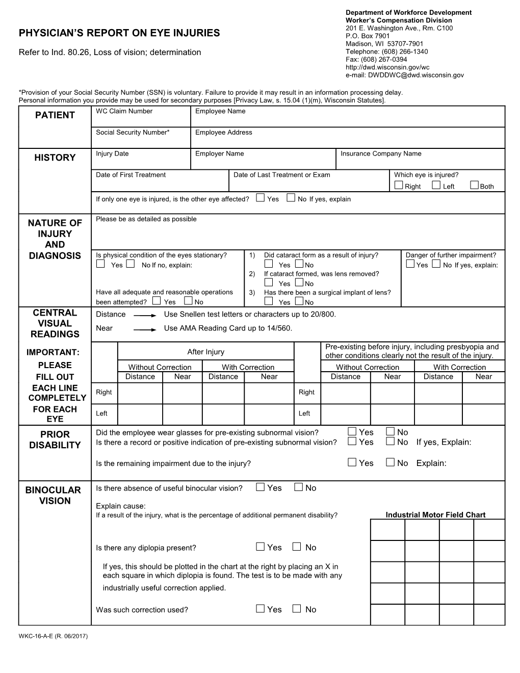 WKC-16-A-E, Physician's Report on Eye Injuries