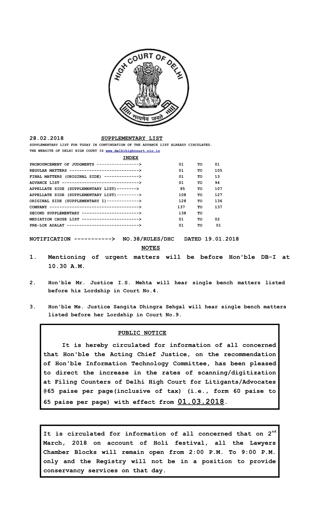 NOTES 1. Mentioning of Urgent Matters Will Be Before Hon'ble DB-I at 10.30 A.M