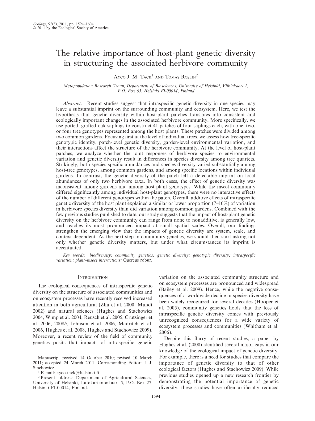 The Relative Importance of Host-Plant Genetic Diversity in Structuring the Associated Herbivore Community