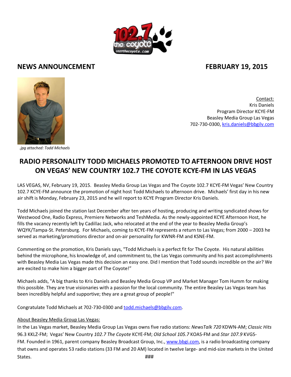 News Announcement February 19, 2015 Radio