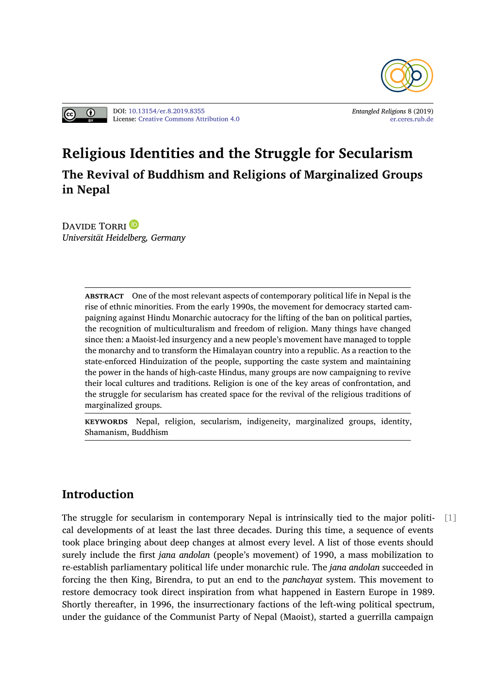 Religious Identities and the Struggle for Secularism the Revival of Buddhism and Religions of Marginalized Groups in Nepal