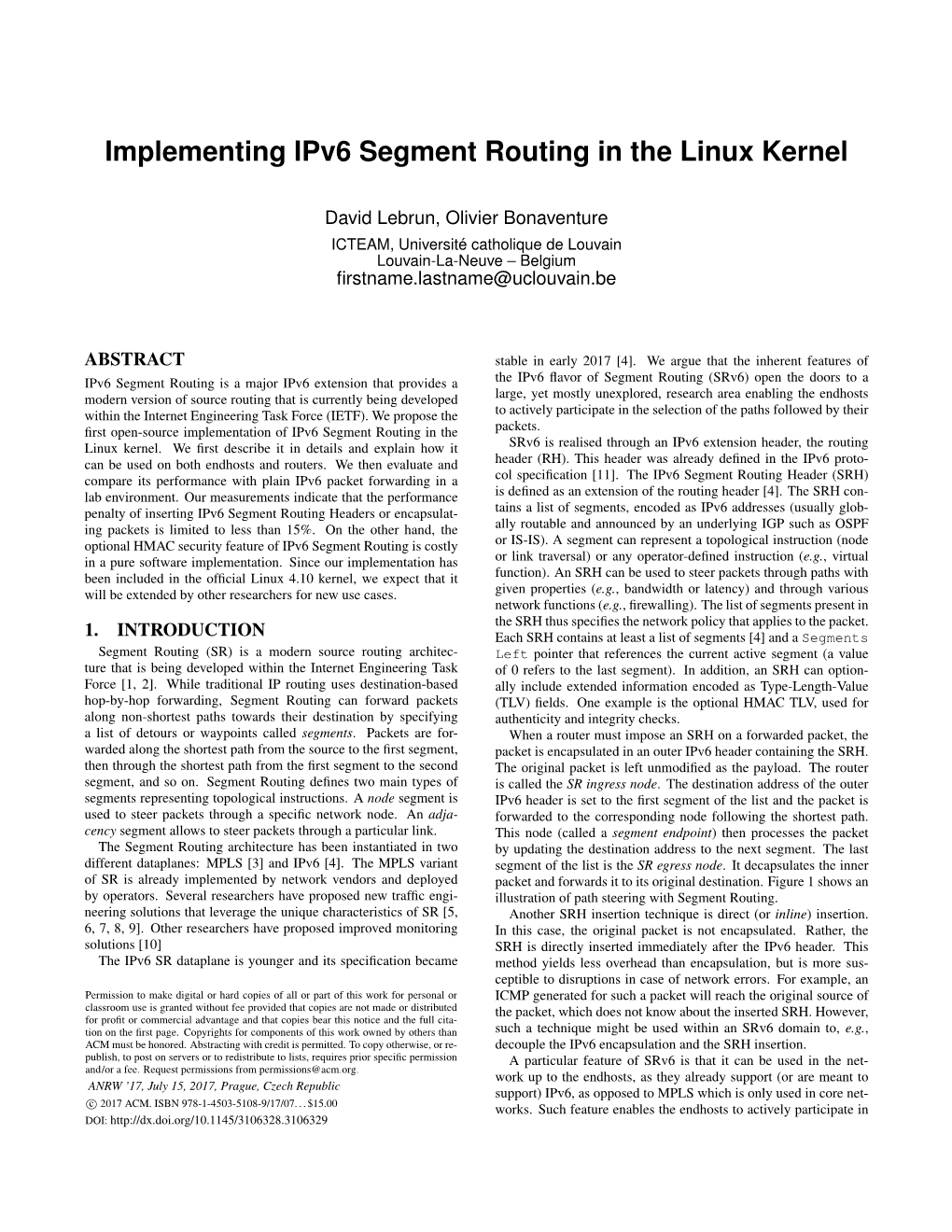 Implementing Ipv6 Segment Routing in the Linux Kernel