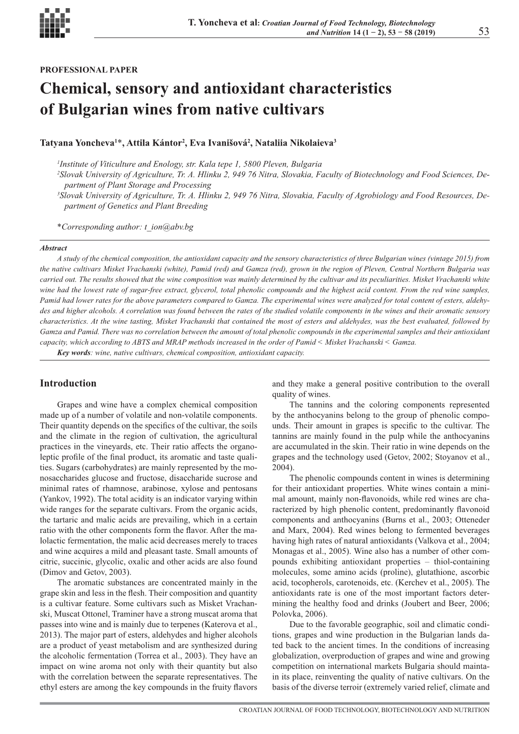 Chemical, Sensory and Antioxidant Characteristics of Bulgarian Wines from Native Cultivars