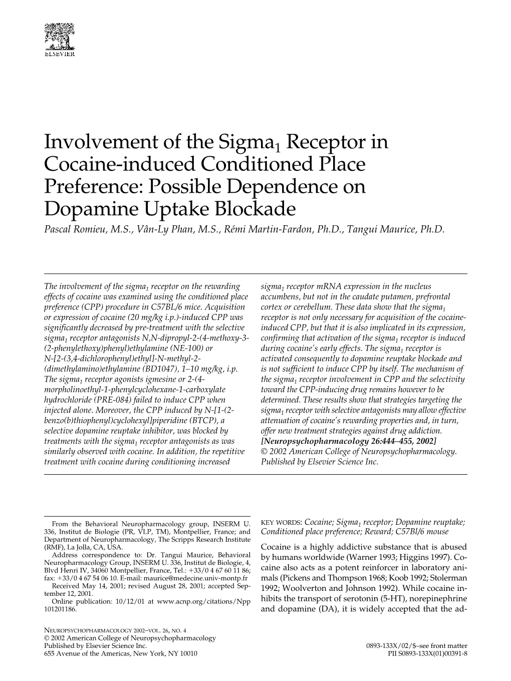 Involvement of the Sigma1 Receptor in Cocaine-Induced Conditioned