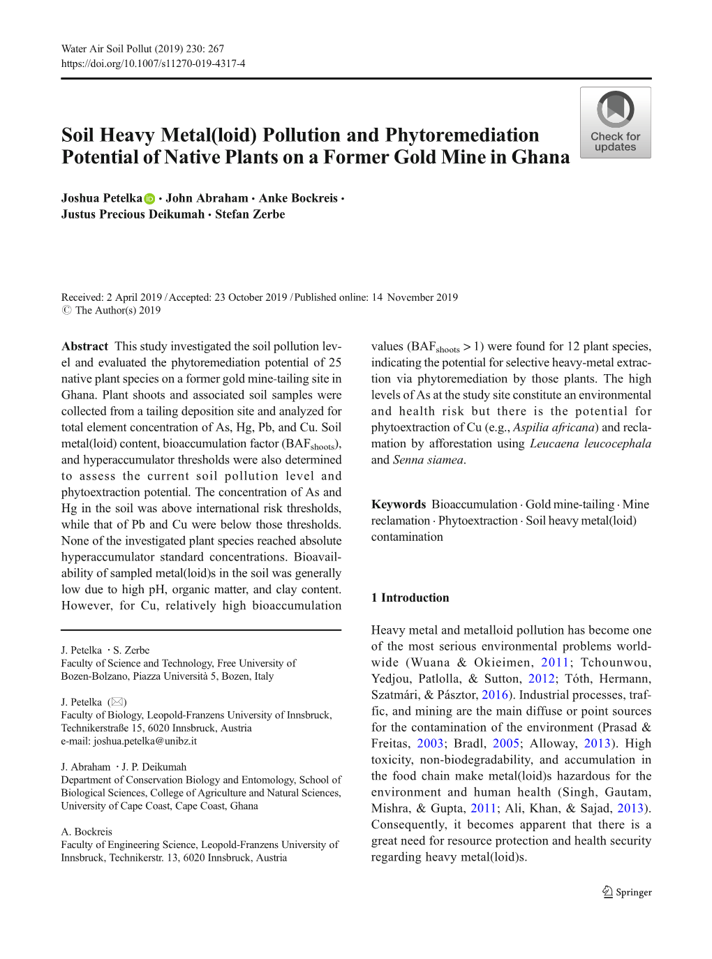 Soil Heavy Metal(Loid) Pollution and Phytoremediation Potential of Native Plants on a Former Gold Mine in Ghana