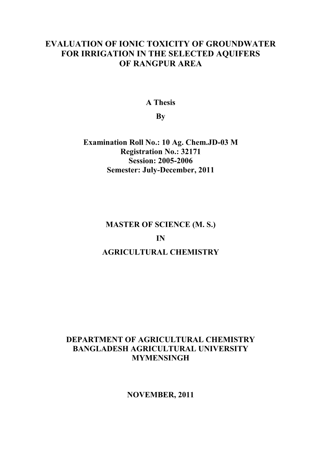 Evaluation of Ionic Toxicity of Groundwater in the Selected Aquifers of Rangpur Area