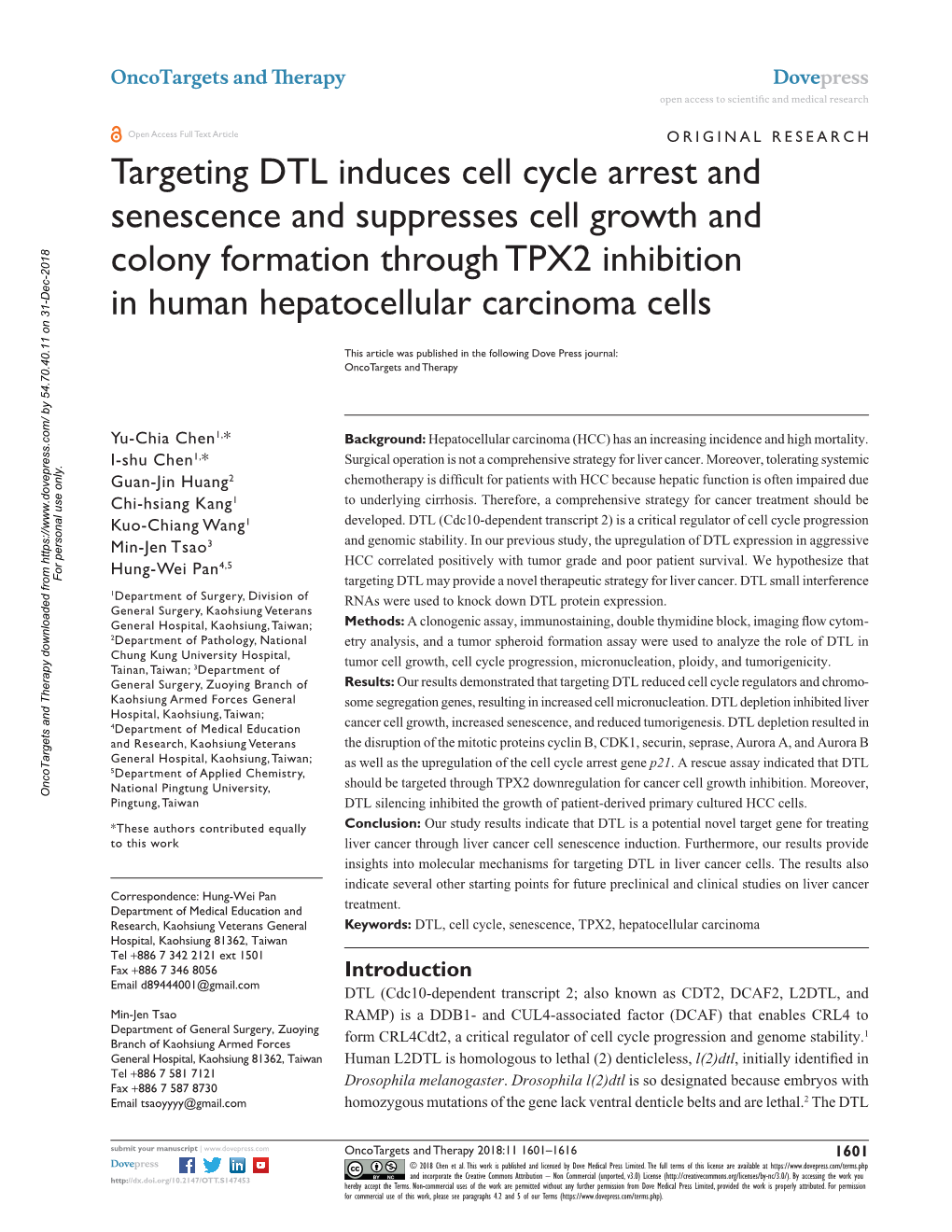 Targeting DTL Induces Cell Cycle Arrest and Senescence and Suppresses Cell Growth and Colony Formation Through TPX2 Inhibition in Human Hepatocellular Carcinoma Cells