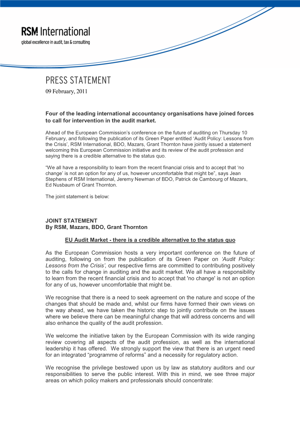 PRESS STATEMENT 09 February, 2011