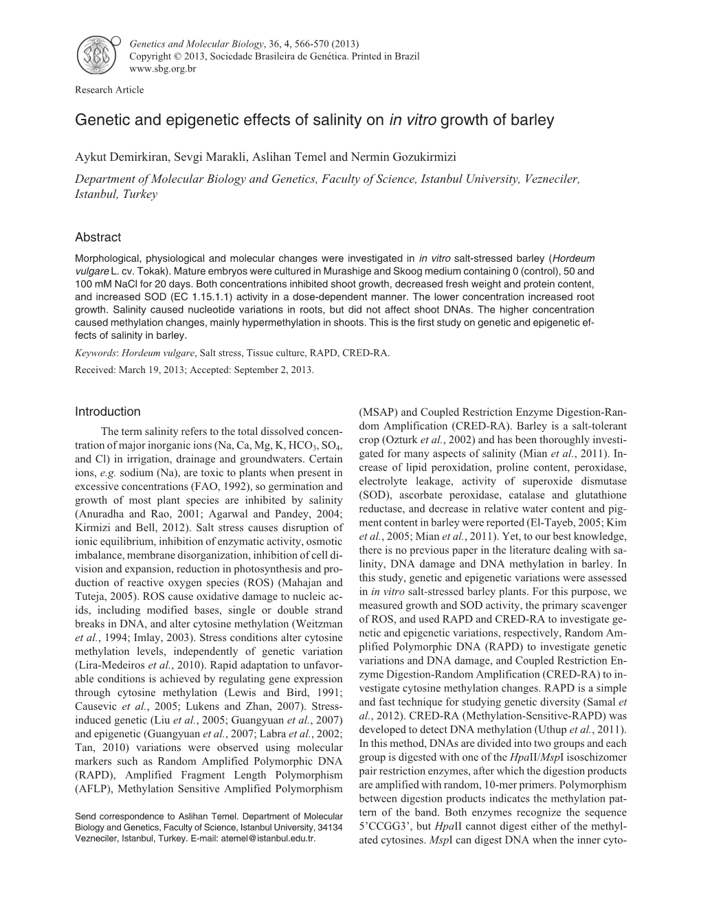 Genetic and Epigenetic Effects of Salinity on in Vitro Growth of Barley