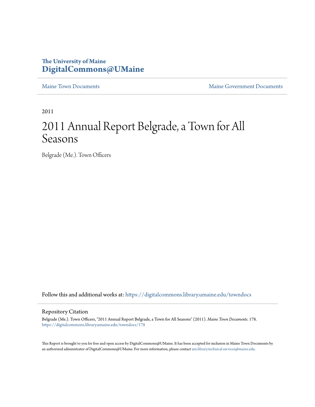 2011 Annual Report Belgrade, a Town for All Seasons Belgrade (Me.)