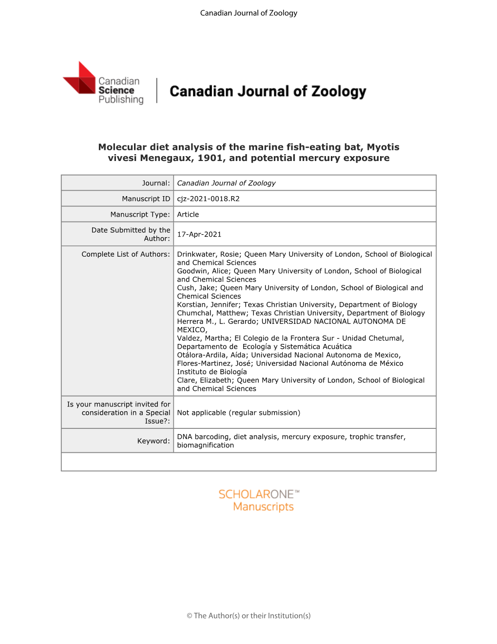 Molecular Diet Analysis of the Marine Fish-Eating Bat, Myotis Vivesi Menegaux, 1901, and Potential Mercury Exposure