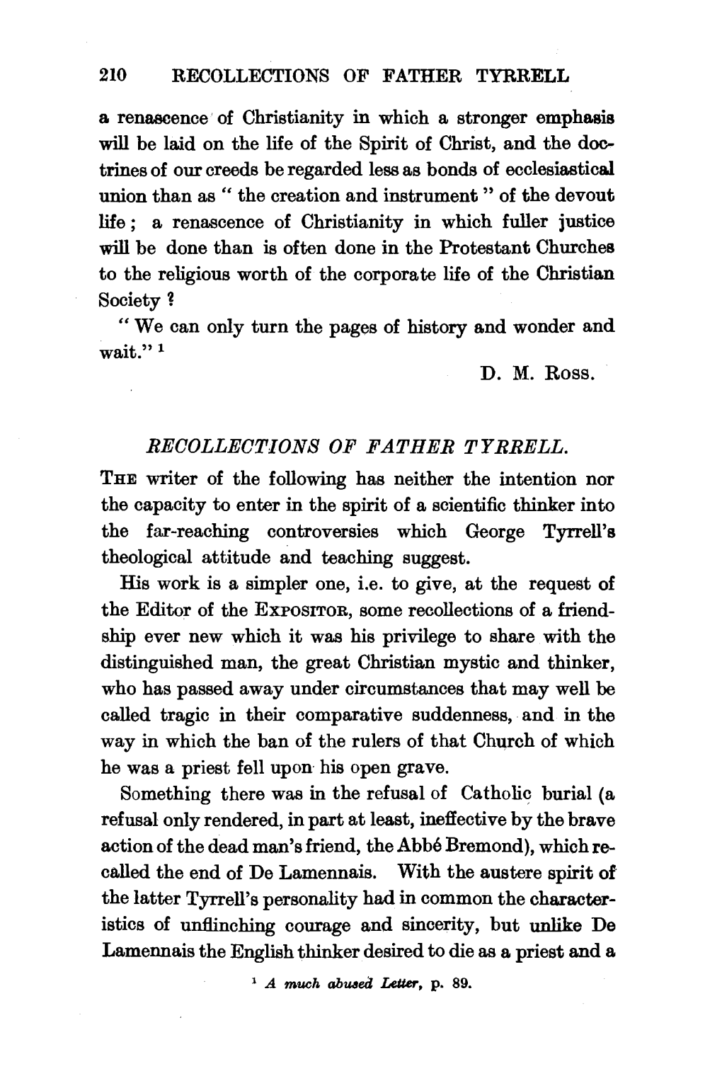 D. M. Ross. RECOLLECTIONS of FATHER TYRRELL
