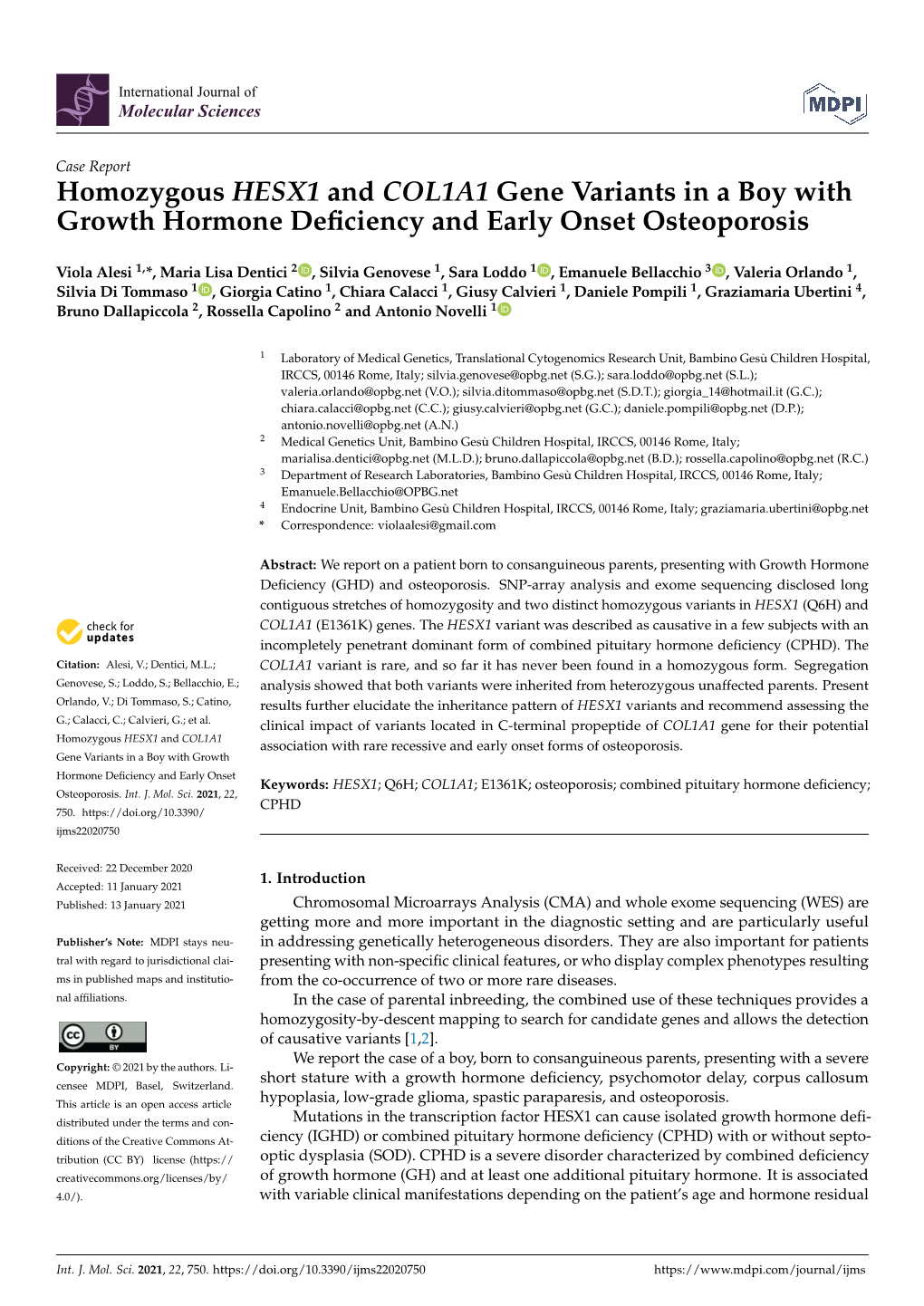 Homozygous HESX1 and COL1A1 Gene Variants in a Boy with Growth Hormone Deﬁciency and Early Onset Osteoporosis