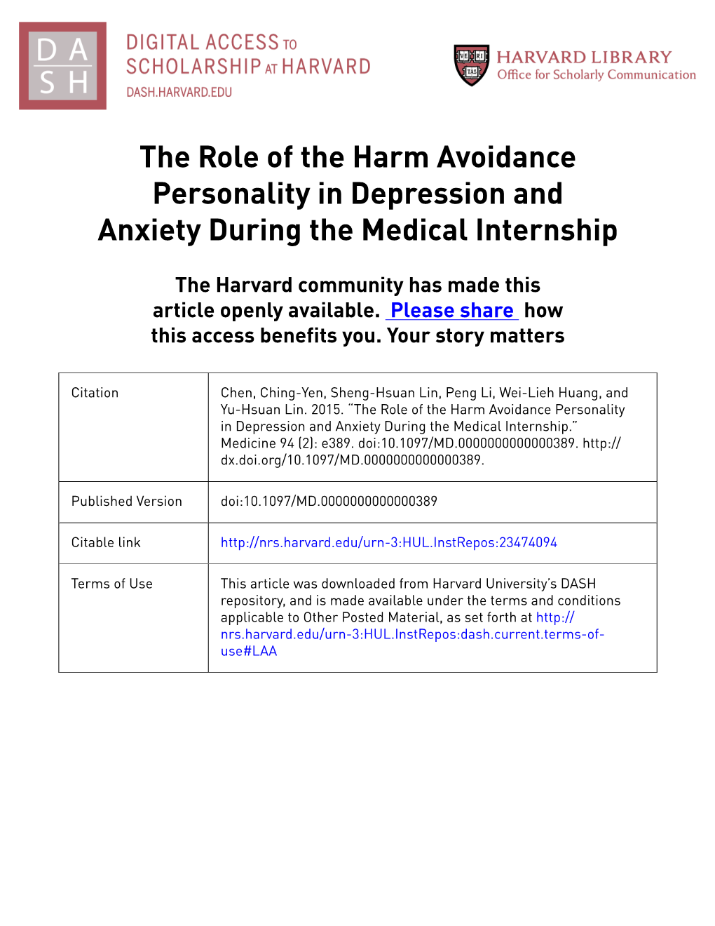 The Role of the Harm Avoidance Personality in Depression and Anxiety During the Medical Internship