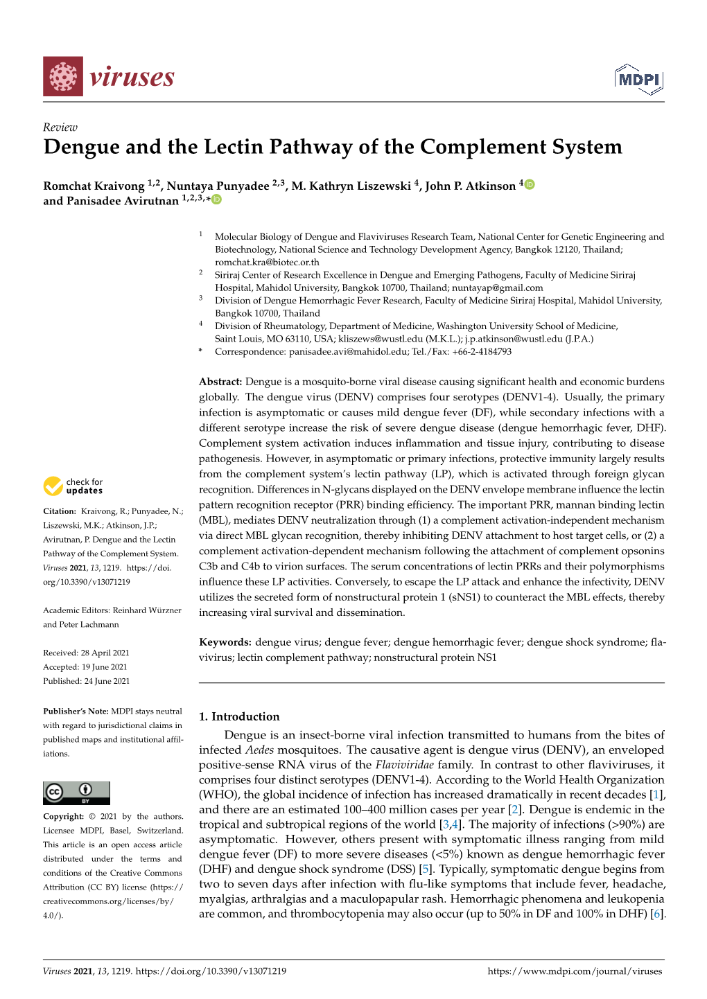 Dengue and the Lectin Pathway of the Complement System