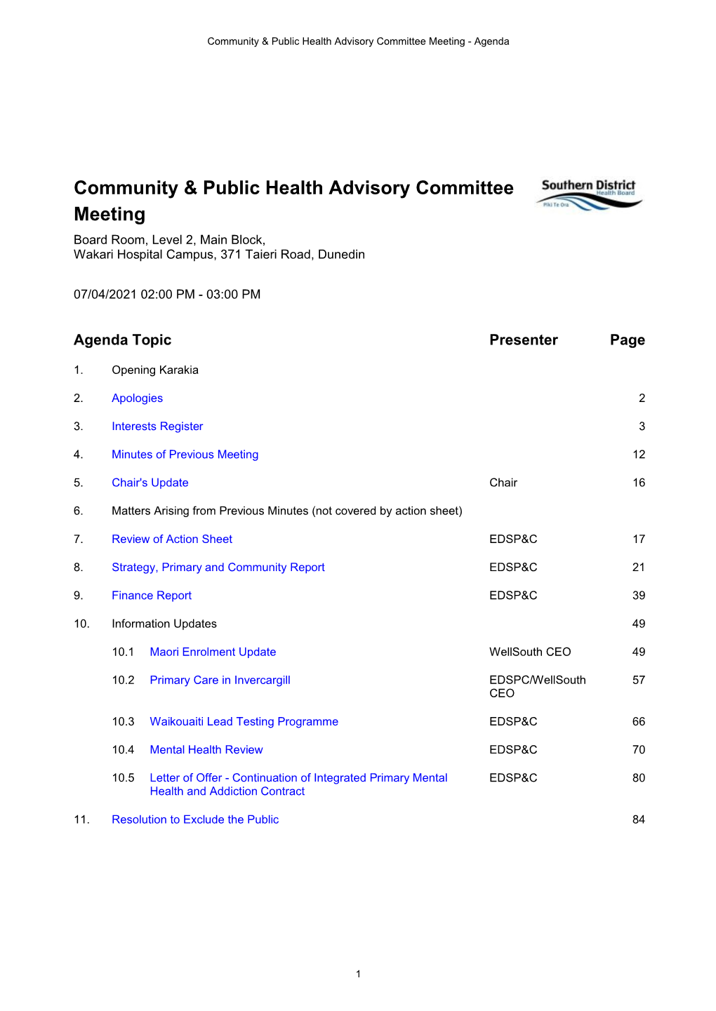 Community & Public Health Advisory Committee Meeting