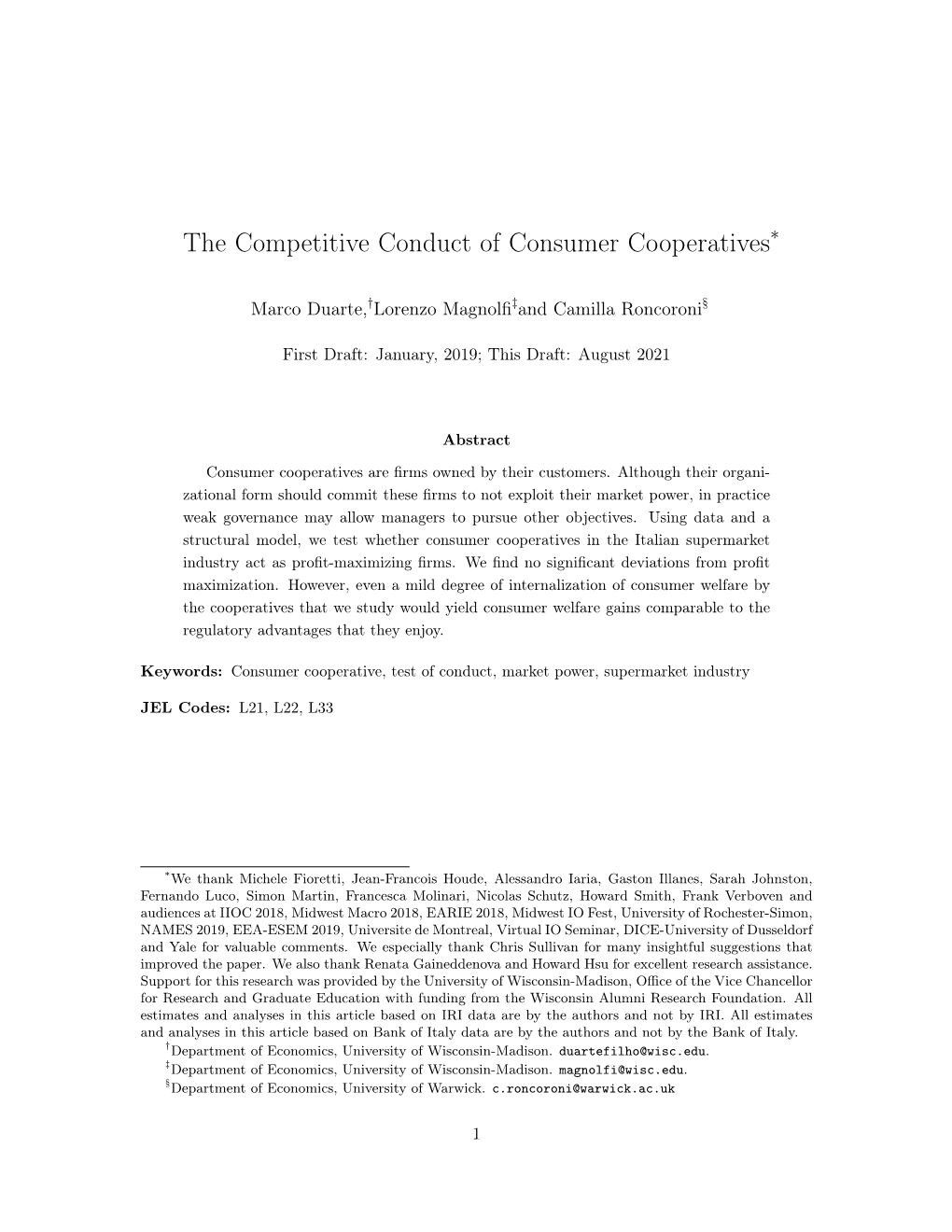 The Competitive Conduct of Consumer Cooperatives∗