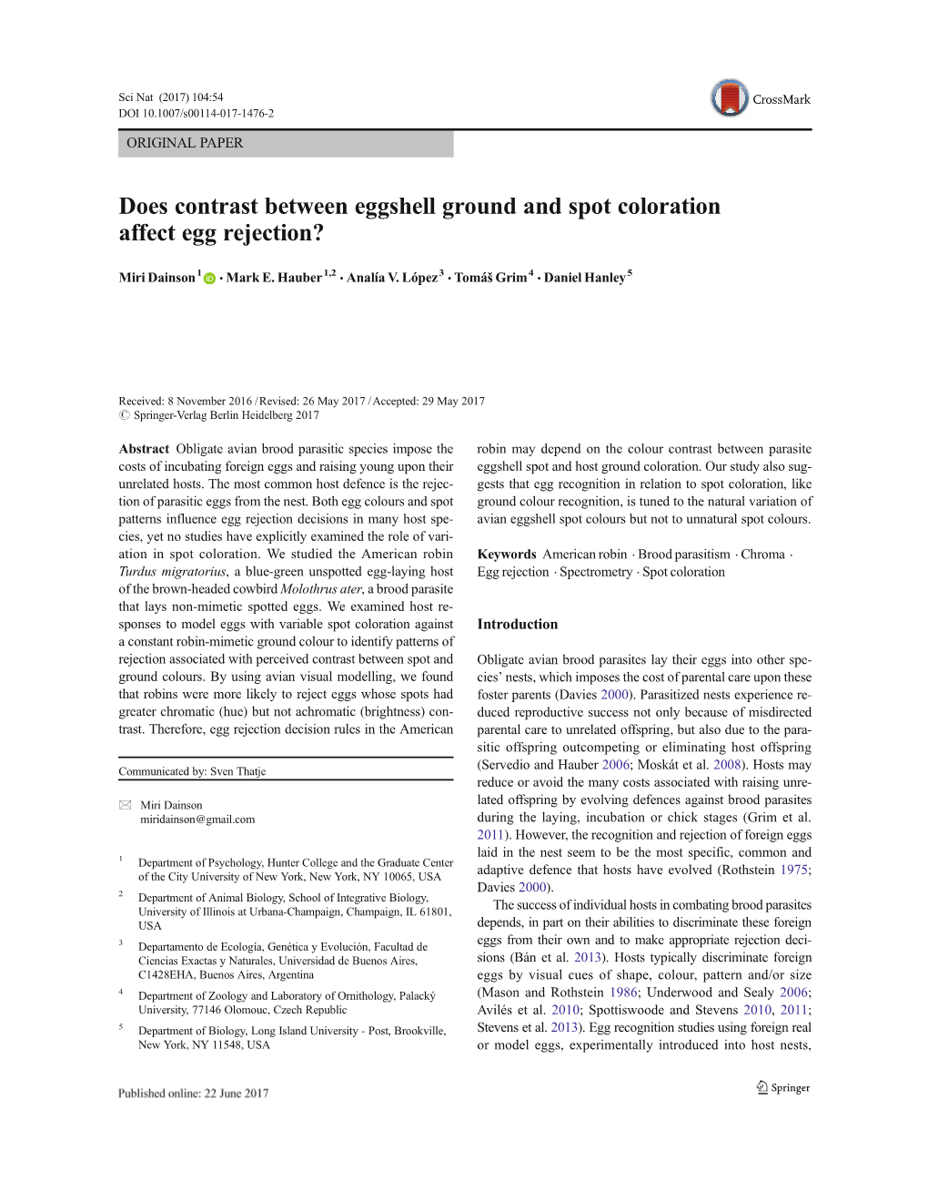 Does Contrast Between Eggshell Ground and Spot Coloration Affect Egg Rejection?