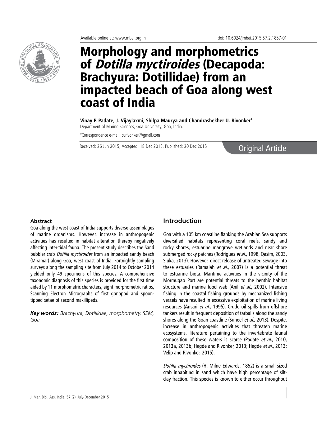 Of Dotilla Myctiroides (Decapoda: Brachyura: Dotillidae) from an Impacted Beach of Goa Along West Coast of India