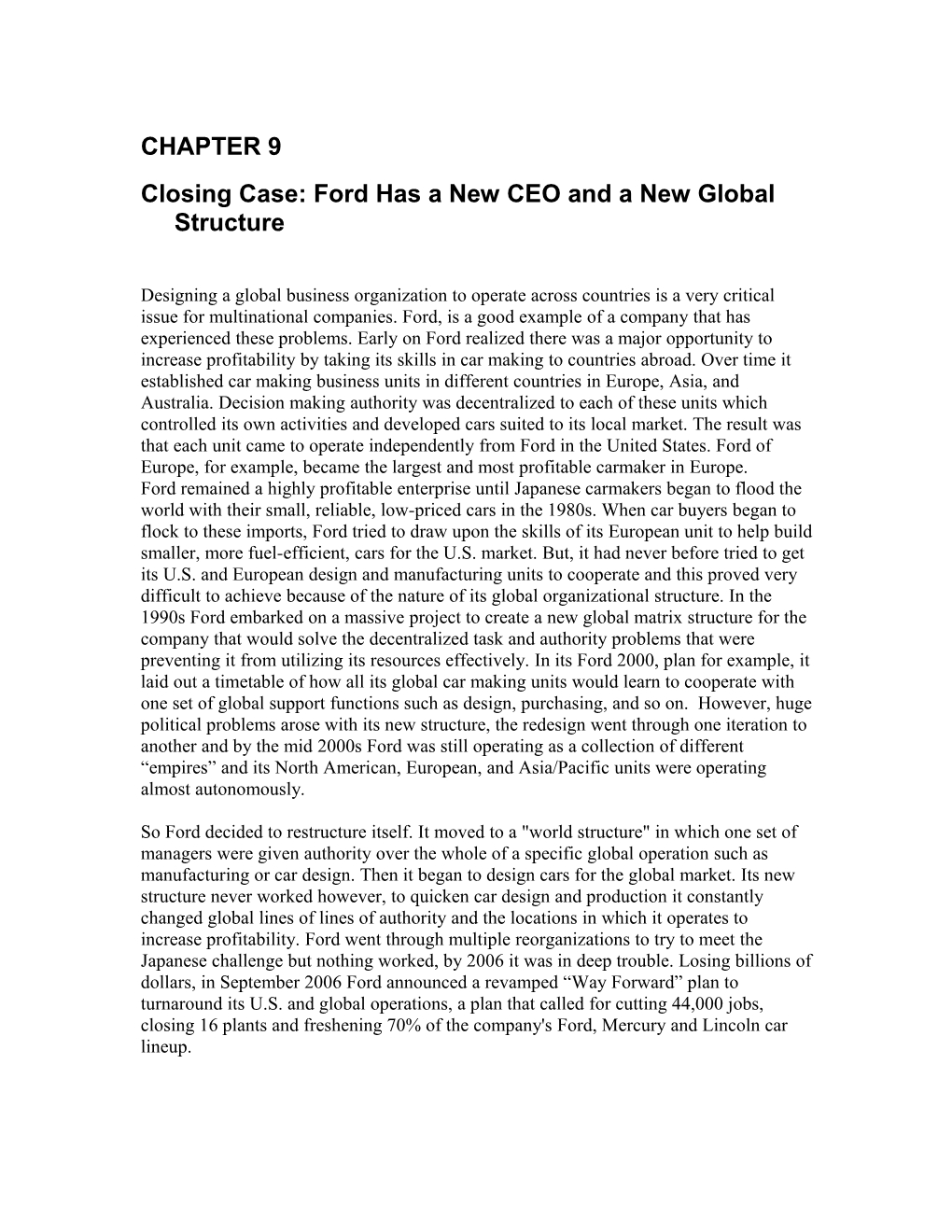 Closing Case: Ford Has a New CEO and a New Global Structure