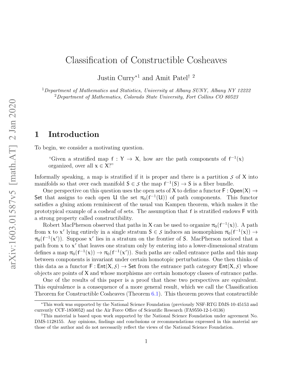 Classification of Constructible Cosheaves Arxiv:1603.01587V5 [Math.AT] 2 Jan 2020