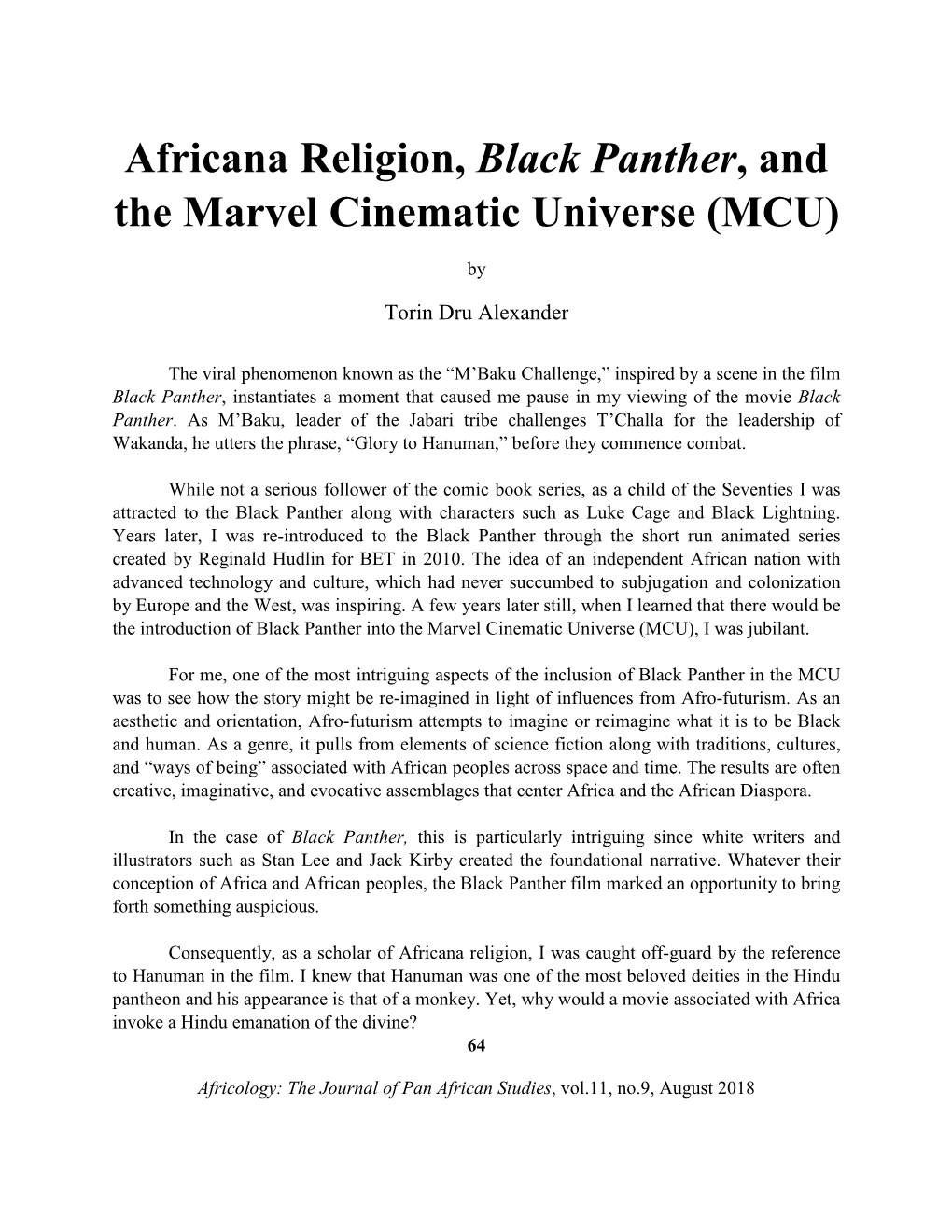 Africana Religion, Black Panther, and the Marvel Cinematic Universe (MCU)