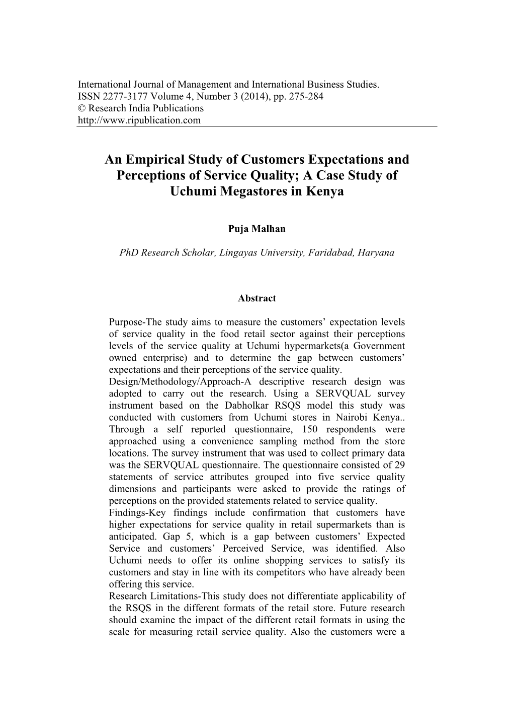 An Empirical Study of Customers Expectations and Perceptions of Service Quality; a Case Study of Uchumi Megastores in Kenya