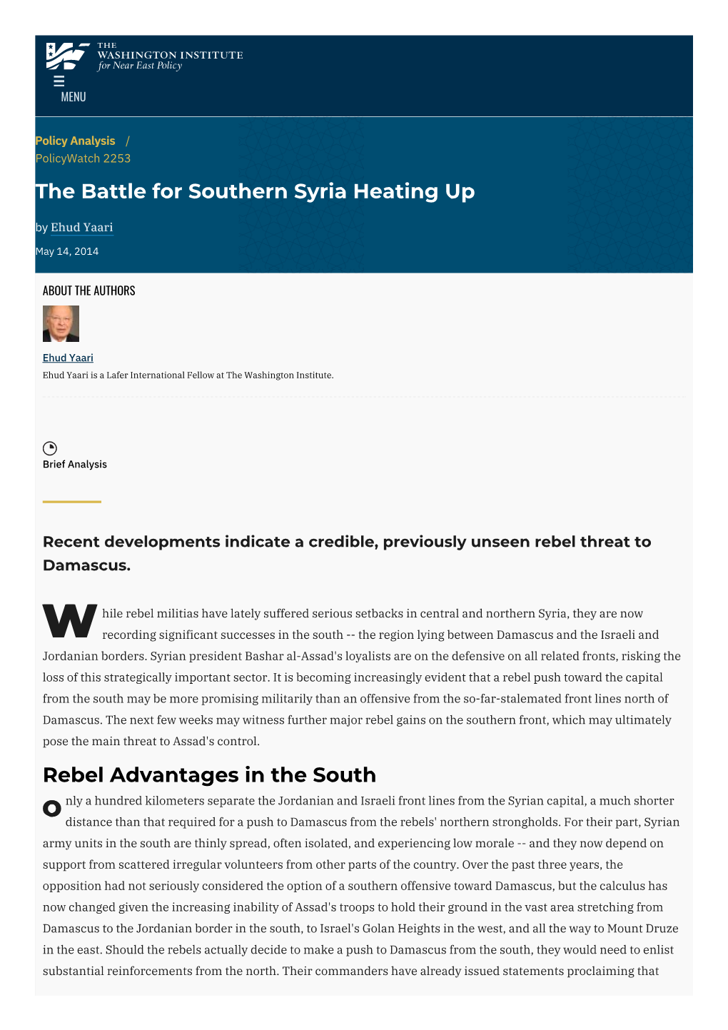The Battle for Southern Syria Heating up | the Washington Institute
