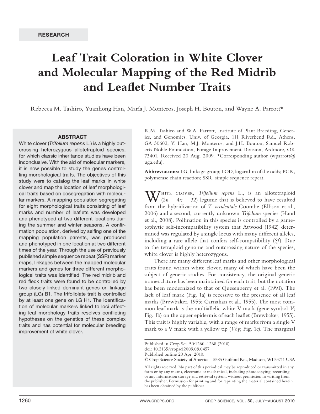 Leaf Trait Coloration in White Clover and Molecular Mapping of the Red Midrib and Leafl Et Number Traits