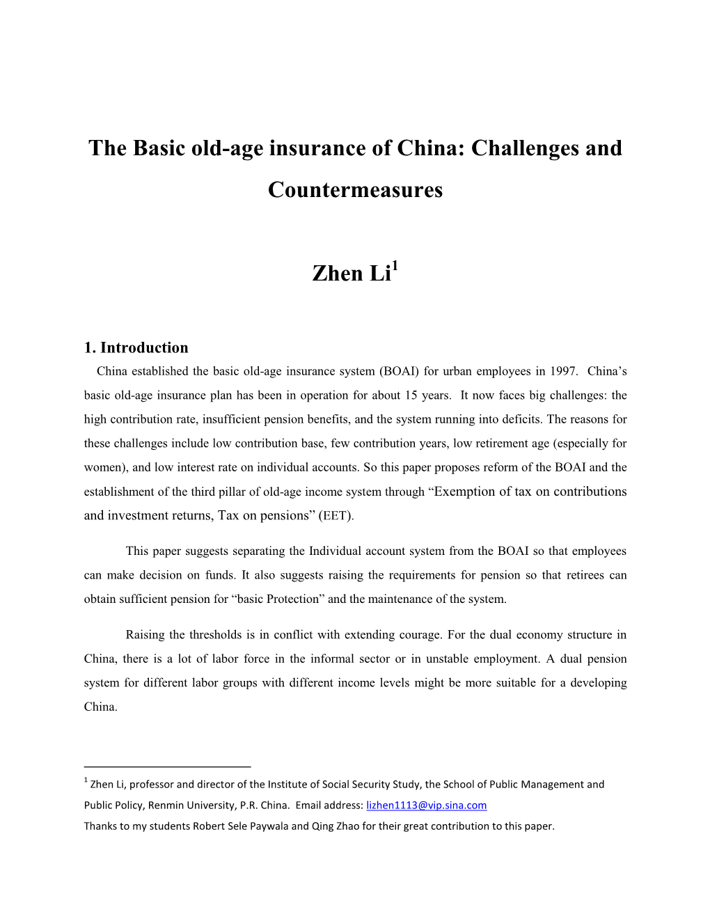 ZHEN Li. the Basic Old-Age Insurance of China Challenges And