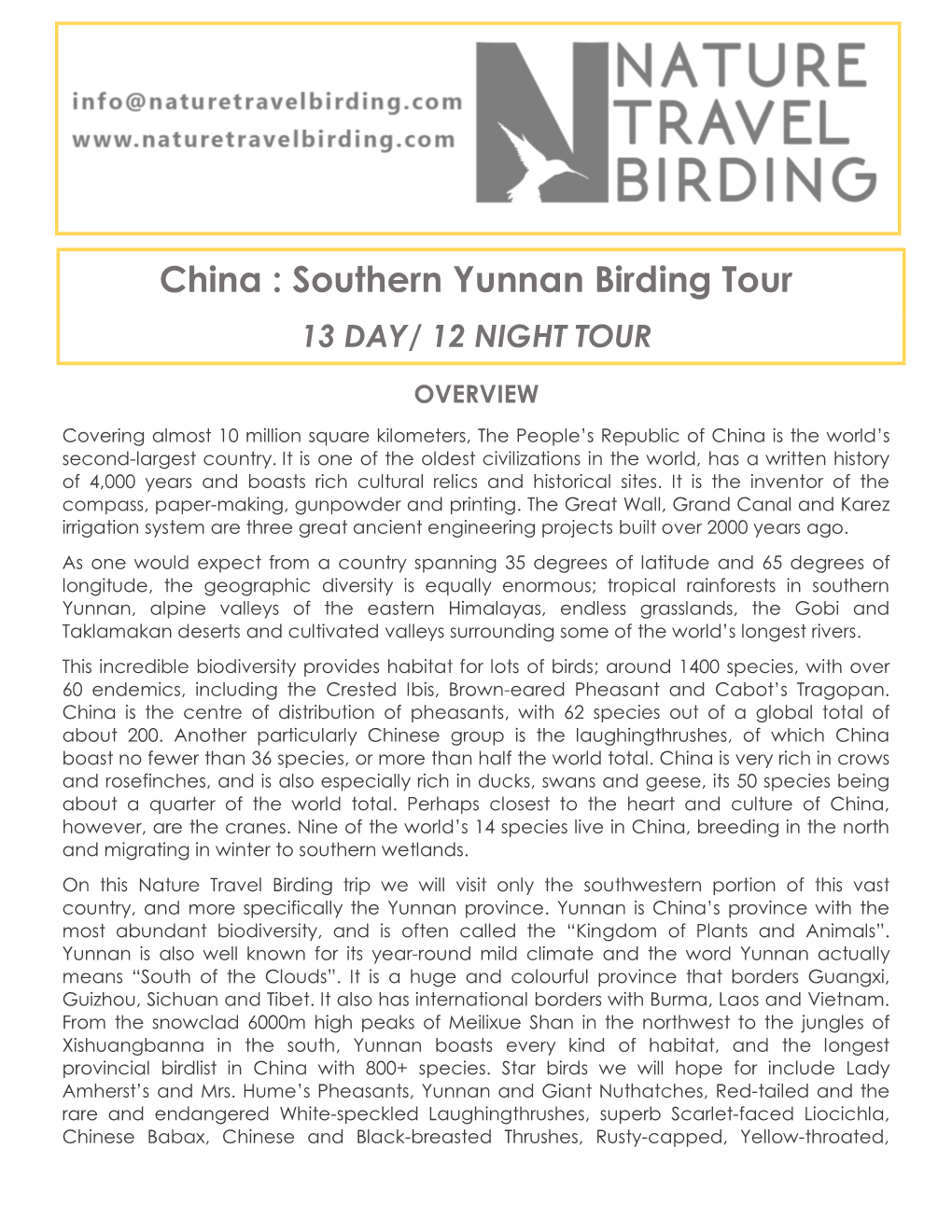 China : Southern Yunnan Birding Tour 13 DAY/ 12 NIGHT TOUR