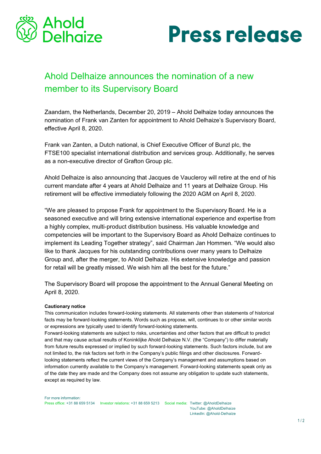 Ahold Delhaize Announces the Nomination of a New Member to Its Supervisory Board