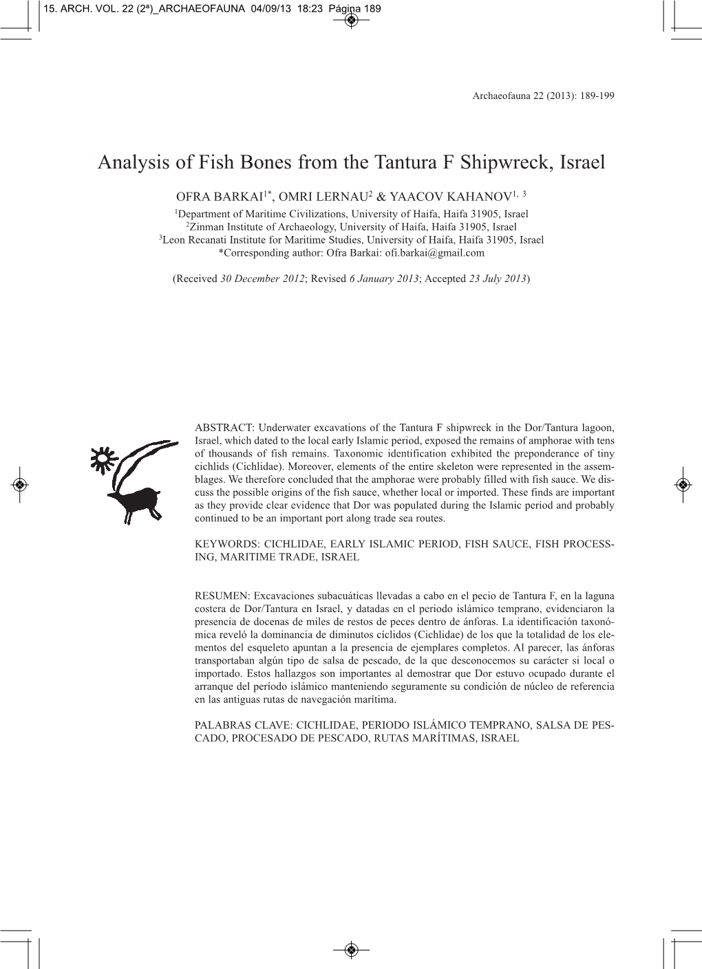 Analysis of Fish Bones from the Tantura F Shipwreck, Israel