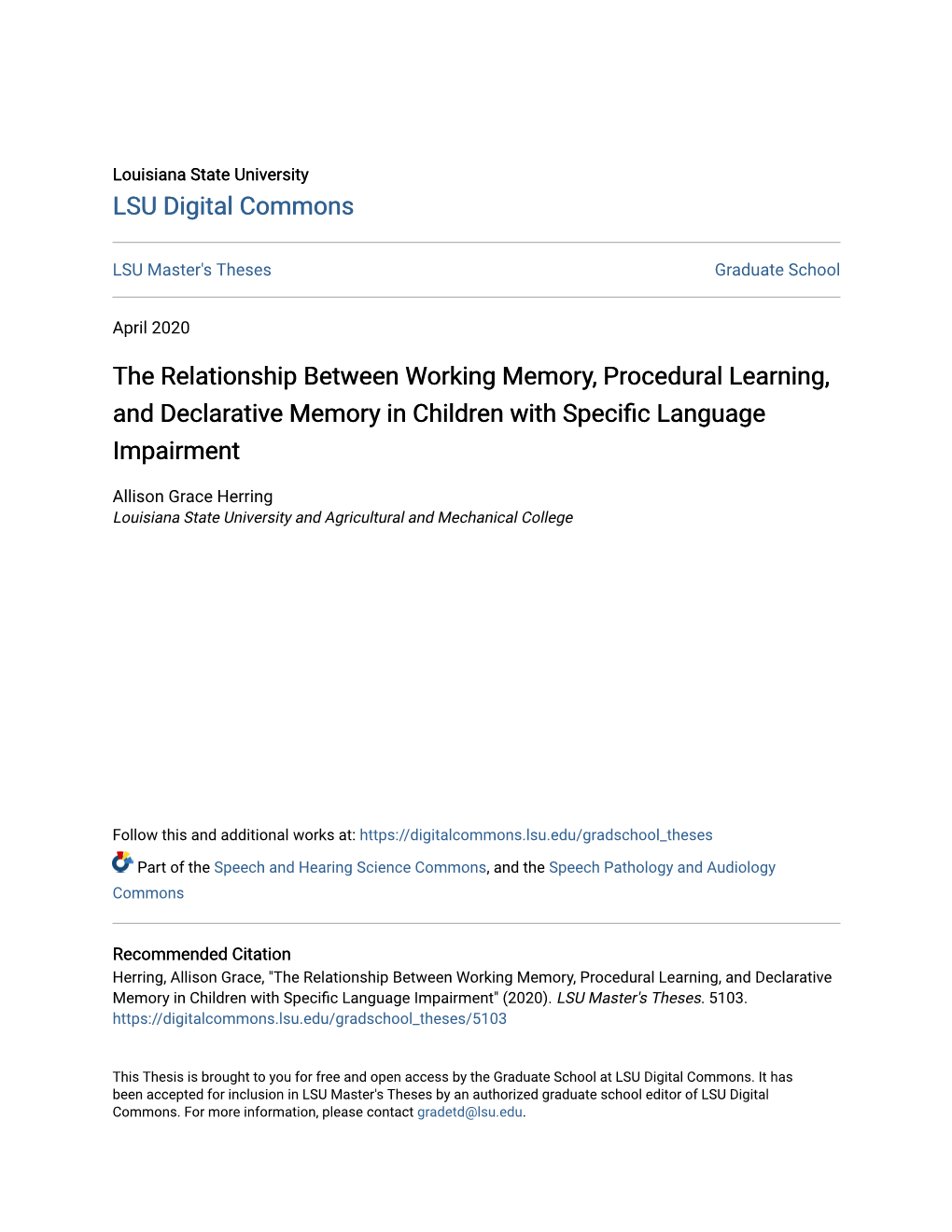 The Relationship Between Working Memory, Procedural Learning, and Declarative Memory in Children with Specific Language Impairment