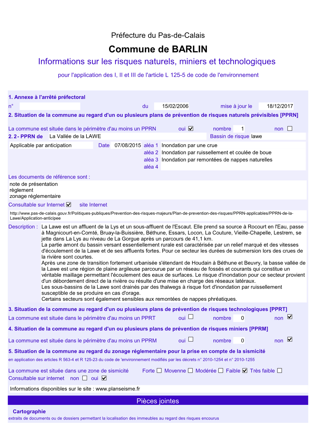 Commune De BARLIN Informations Sur Les Risques Naturels, Miniers Et Technologiques