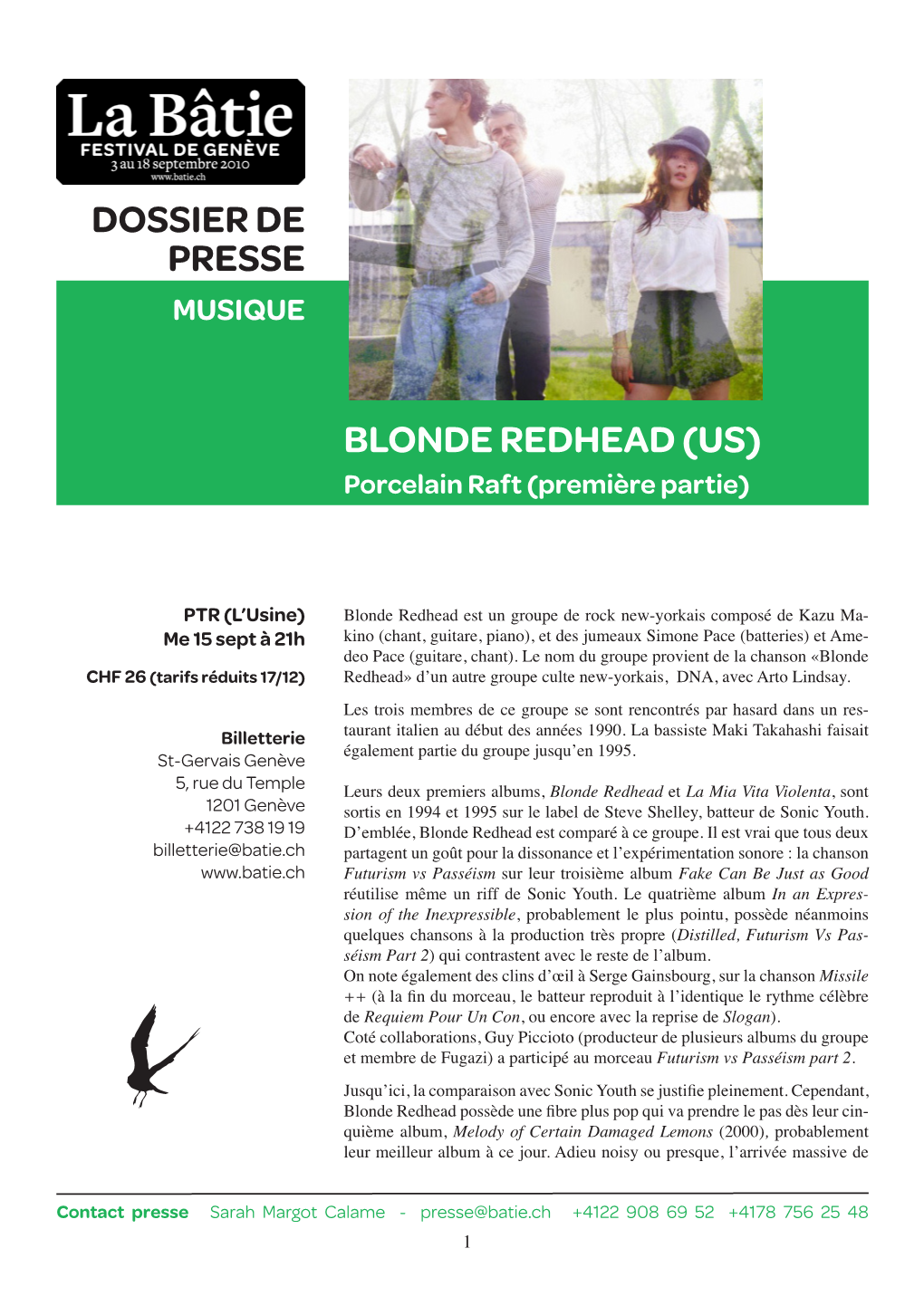 Blonde Redhead (Us) Dossier De Presse